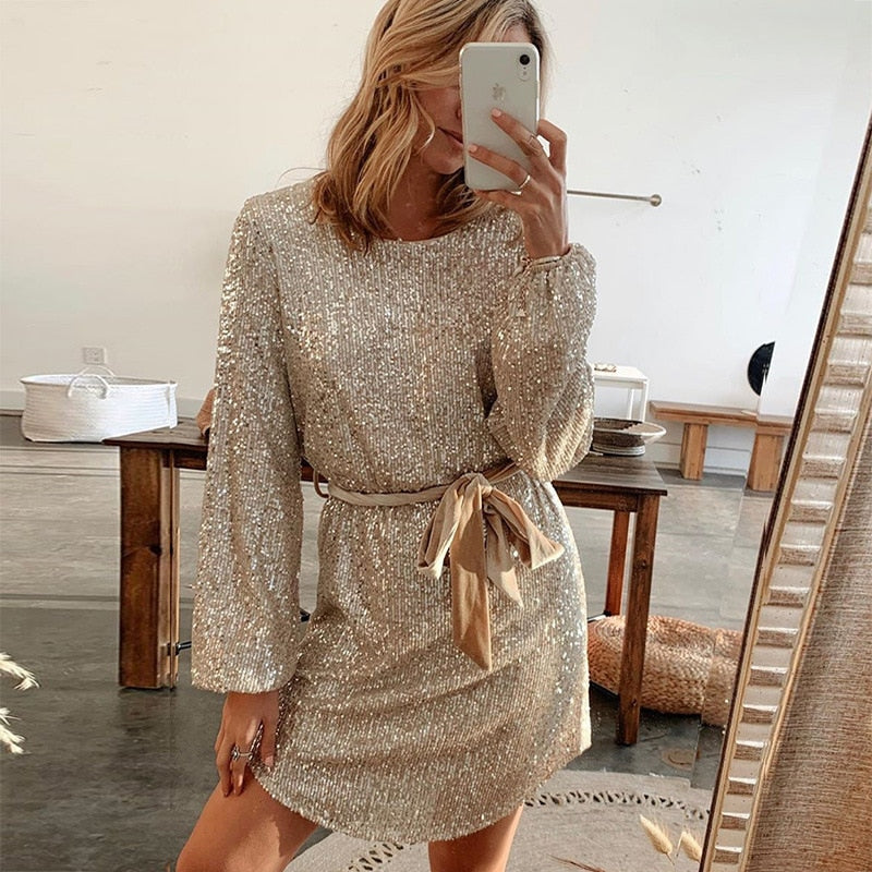 Azalea | Elegant beige glitter dress for special occasions